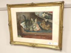 Wilson Hepple (1854-1937) : A Kitten on a writing desk, watercolour, 38cm by 28cm,