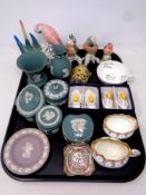 A tray of ceramics, Wedgwood Jasperware, bird figures, Crescent china milk jug and sugar basin,