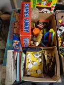 A crate of toys, games, recorder, dolls, magic roundabout bell,