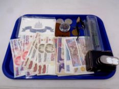 A tray of miscellany to include uncirculated Turkish banknotes, Ingersol pocket watch, crowns,