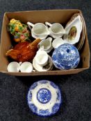 A box of miscellaneous ceramics to include a "Hunting" patterned bone china tea service,