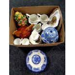 A box of miscellaneous ceramics to include a "Hunting" patterned bone china tea service,