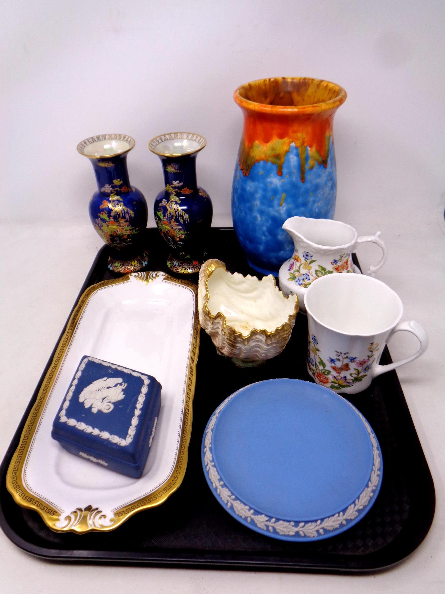 A tray of ceramics, Coalport shell dish, Aynsley mug and jug, Wedgwood Jasperware,