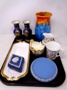 A tray of ceramics, Coalport shell dish, Aynsley mug and jug, Wedgwood Jasperware,
