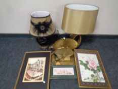 A box of oval brass serving tray, three contemporary table lamps,