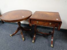 A reproduction mahogany sofa coffee table and a similar circular table
