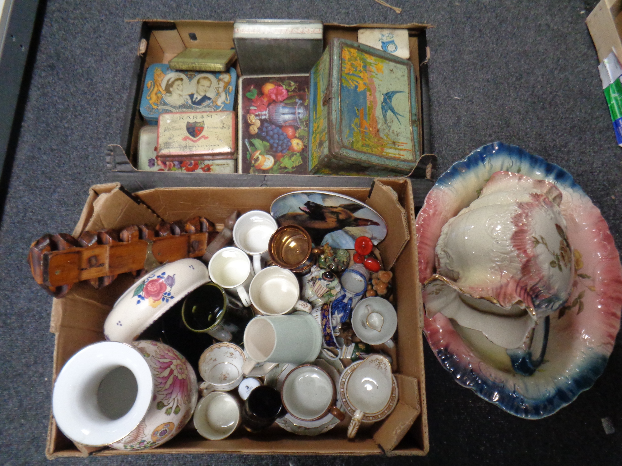 Two boxes of ceramics, copper lustre cups, Pool bowl, tankards, vintage tins,