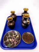 A tray of two pairs of cloisonne vases, two further dishes.