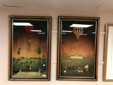 A pair of contemporary glass pictures depicting balloonists,