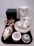 A tray of assorted ceramics to include Masons Ironstone jug and pig money box,