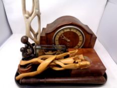 A tray of Art Deco walnut cased mantel clock, wooden truncheon, Indian mahogany table box,