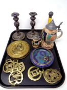 A tray of silver topped cut glass perfume bottle, pair of plated candlesticks, horse brasses,