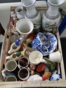 A box of ceramics including oversize Maling blue and white cup and saucer, Japanese vases,