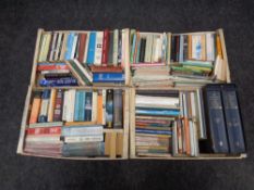 Four crates of hardbacked and other books, novels, bibles, compact Oxford dictionary,