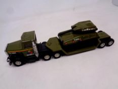 Buddy L Army T-605 truck flat bed trailer and T308 tank, the truck and trailer measures 11.