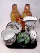 A tray of assorted German pottery and ceramics, Olewindher planter, vases and plate,
