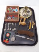 A tray of miscellaneous to including sewing items, violin chin rest, medals,