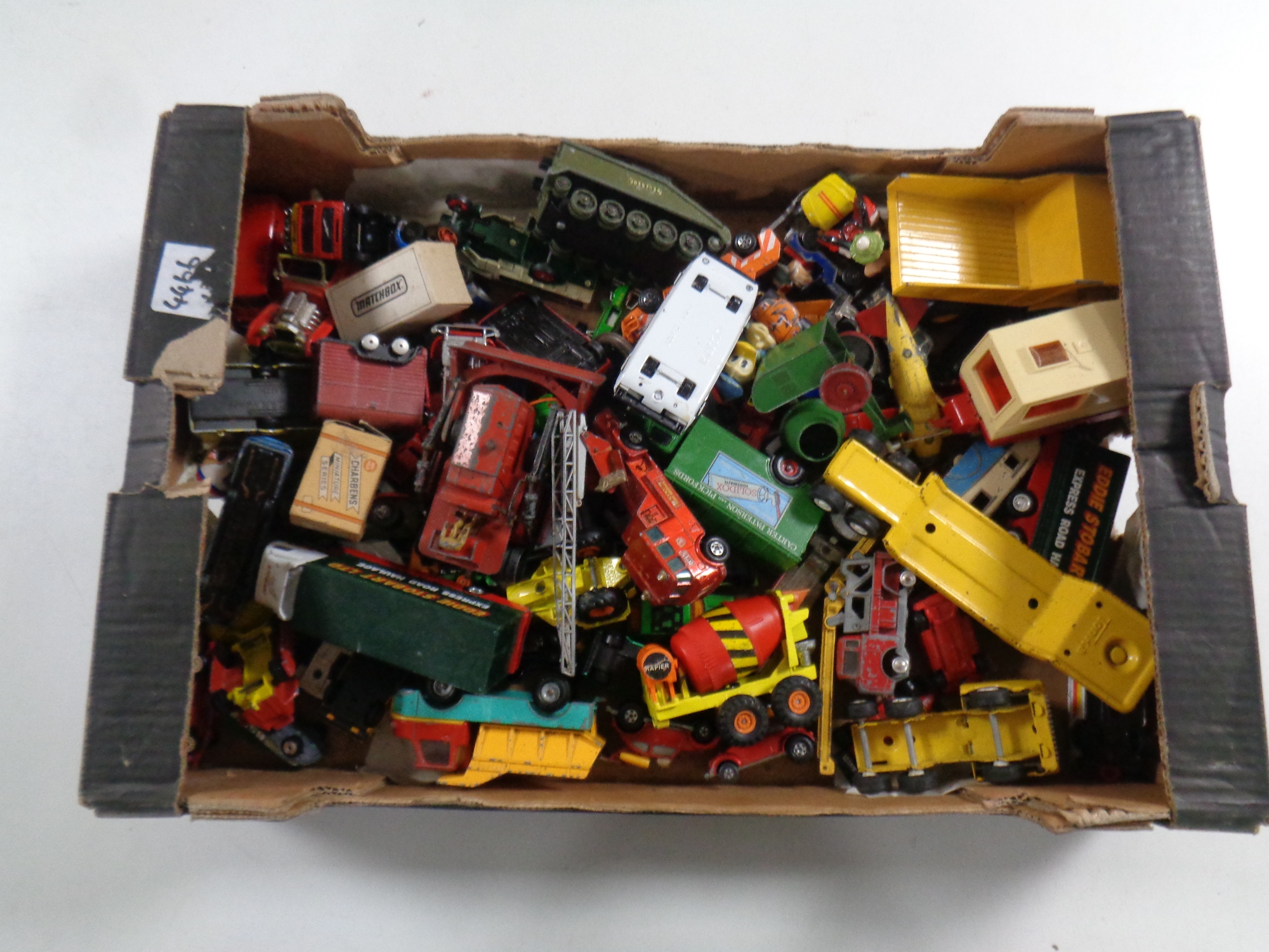 A box of 20th century play worn die cast vehicles including Corgi James Bond, matchbox,