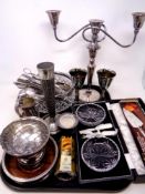 A tray of assorted plated and metal wares to include four piece table candelabra, goblets,