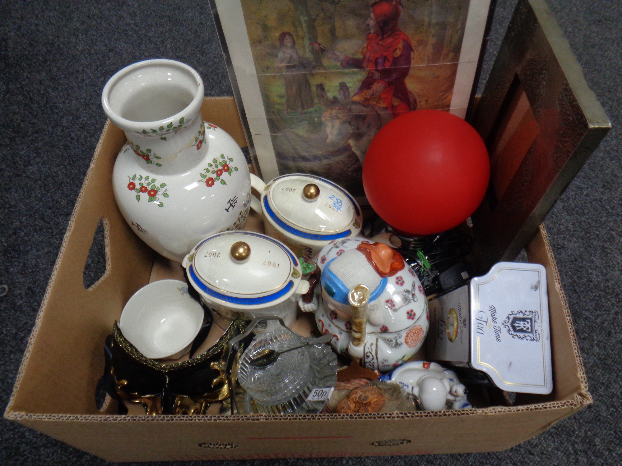 A box of assorted ceramics, oriental style figures and vase, Ringtons caddy and teapot,