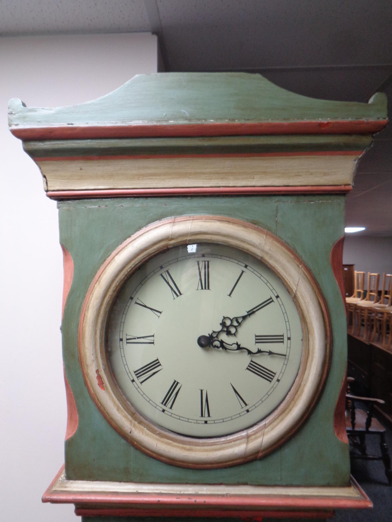 An antique continental painted longcase clock with circular dial, - Image 2 of 2
