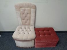 A pink buttoned dralon chair together with a similar storage stool