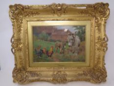 Herbert William Weekes (1856-1904), donkeys and poultry, oil on board, 27 x 19 cm,