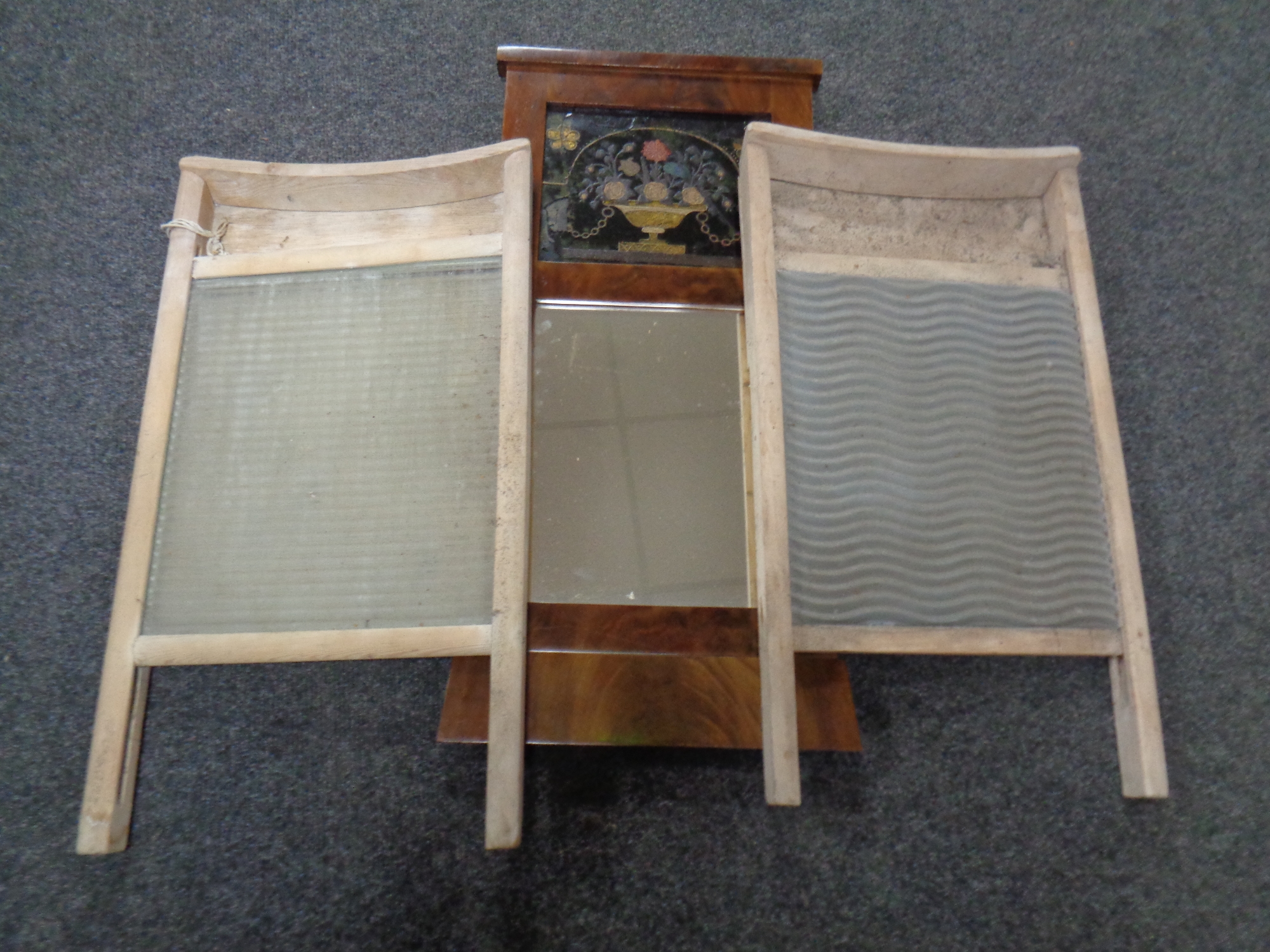 An 19th century mahogany hall mirror together with two pine and glass wash boards