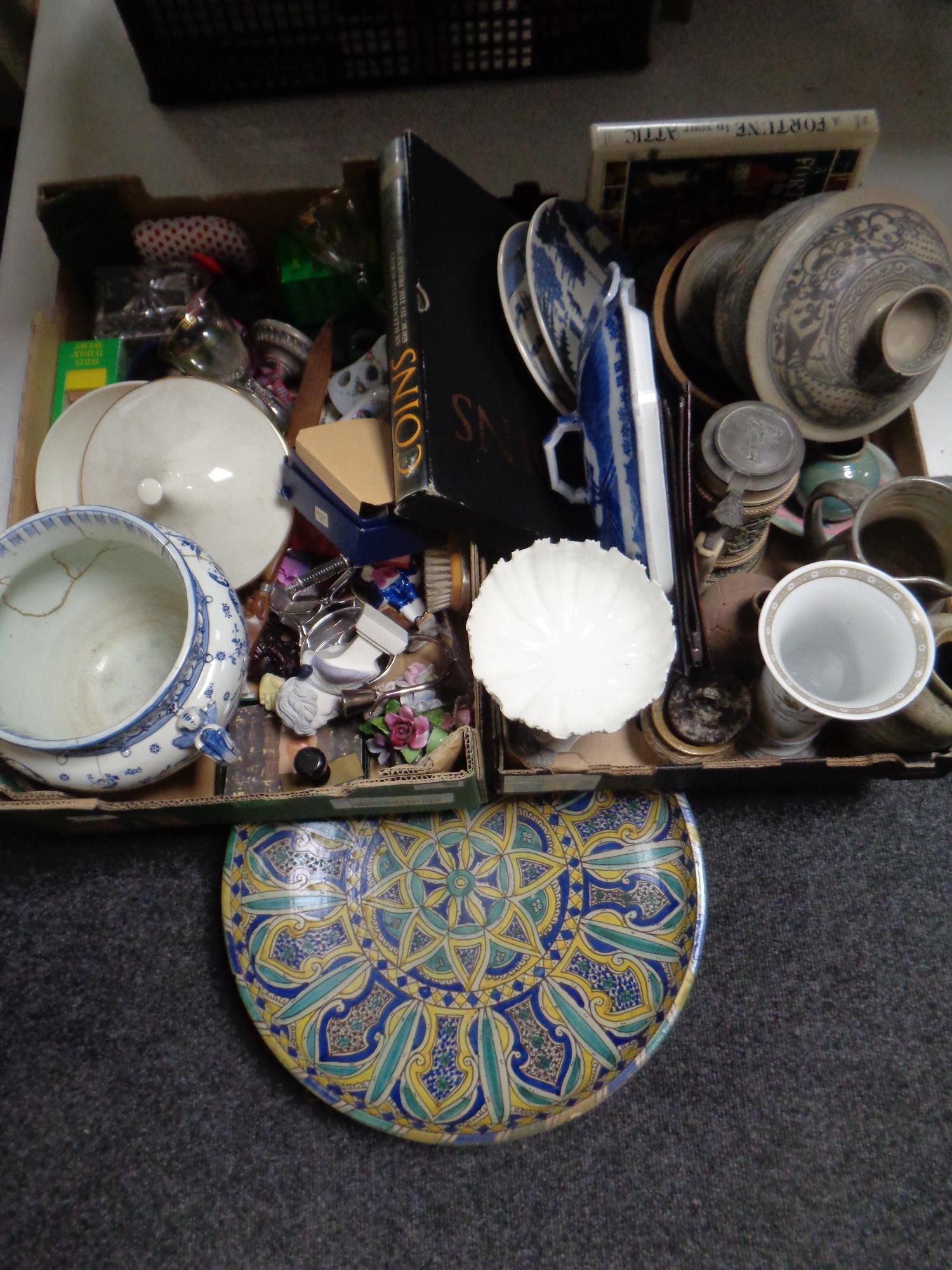 Two boxes of antique and later ceramics, pottery, beer steins,