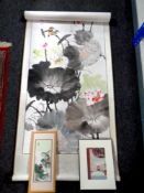 A Chinese watercolour scroll depicting birds amongst flowers,