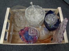 A box of twentieth century glass ware, cut glass bowls, comport, carnival glass,