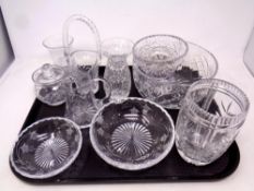 A tray of a quantity of cut glass lead crystal to include basket, jug, preserve pot, vases,