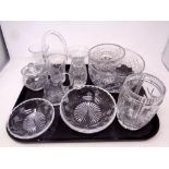 A tray of a quantity of cut glass lead crystal to include basket, jug, preserve pot, vases,