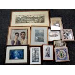 A box of assorted pictures and prints to include monochrome and colour etchings,