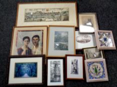 A box of assorted pictures and prints to include monochrome and colour etchings,