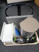 A box of G-tech vacuum with accessories, folding bed table, bin, plastic kitchen boxes etc.