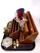 A tray of wooden letter racks, trinket boxes, pair of miniature brass shoes,