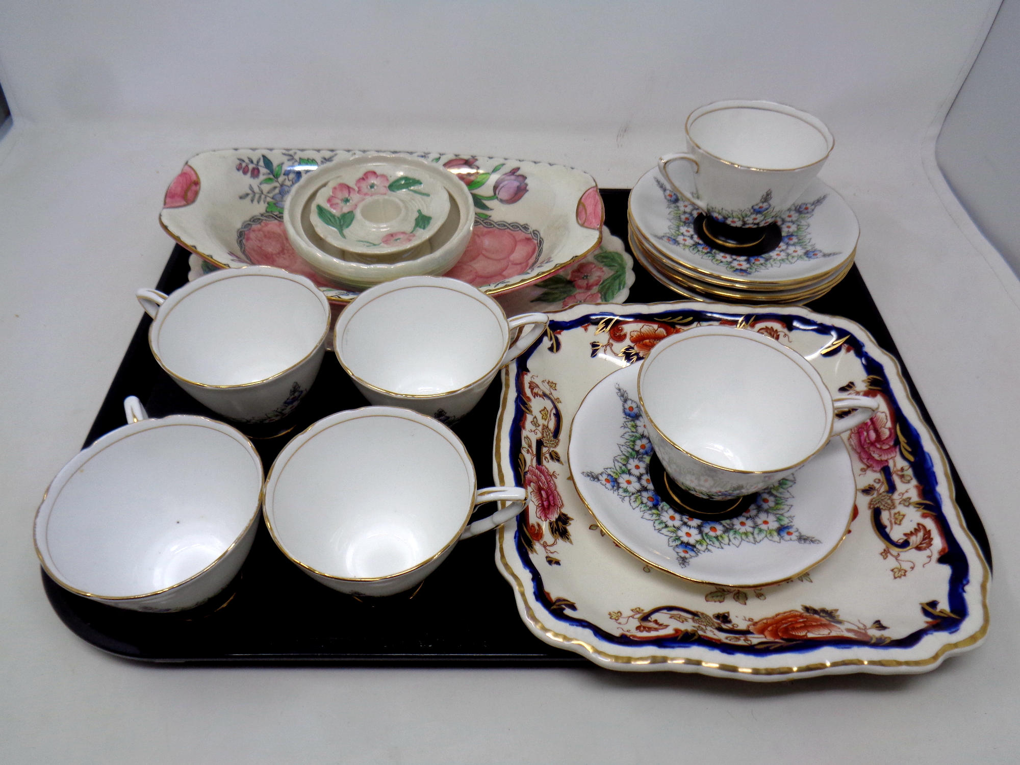 A tray of ceramics including Masons dish, Maling ware,