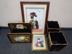 A box containing Japanese black lacquered magazine rack together with a pair of similar