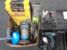 A box of Clarke angle grinder, tow bar hitch, Metpost gate kits,