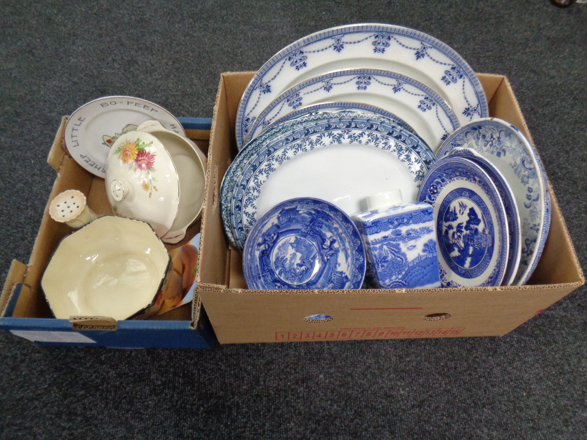 Two boxes of a large quantity of assorted ceramics to include 19th century and later blue and white