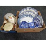 Two boxes of a large quantity of assorted ceramics to include 19th century and later blue and white