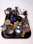 A tray of silver plated rimmed cut glass dishes, tankards, copper lustre jug, ceramic dog ornaments,