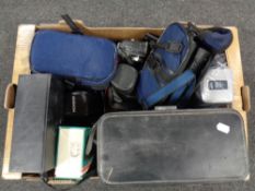 A box of cameras by Pentax and Chinon, camera accessories, pair of Super Zenith binoculars,