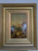 An antiquarian gilt framed oil on board, view of a river and dwellings with castle beyond,