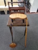 A folding baize topped card table, rustic pine mag rack, stool,