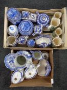 Two boxes of Ringtons ceramics - caddies, teapots, willow pattern ginger jars,