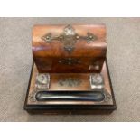 A Victorian burr walnut correspondence stand, fitted with glass inkwells, width 30 cm.