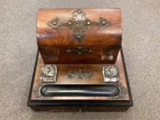 A Victorian burr walnut correspondence stand, fitted with glass inkwells, width 30 cm.