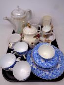 A tray of assorted ceramics, commemorative mugs, lustre teapot,